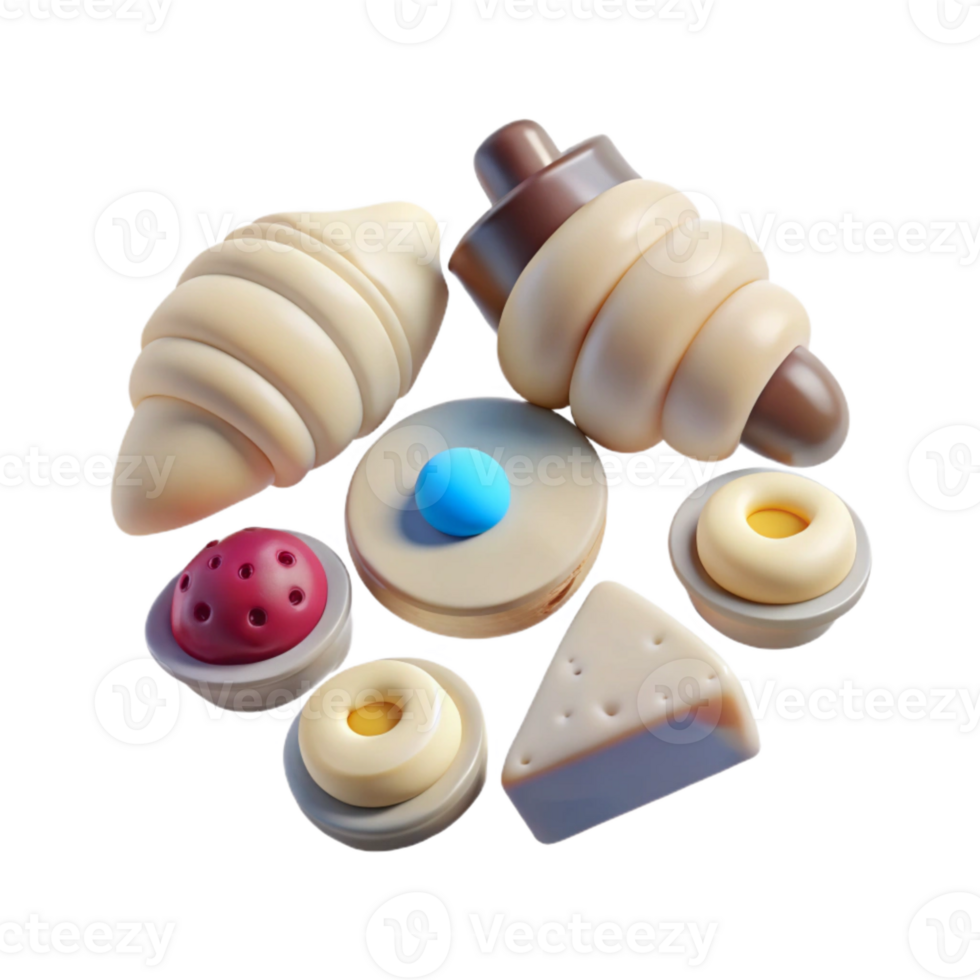 3D Rendered Bakery Products Croissant, Pastry, Cookie, and Cake png