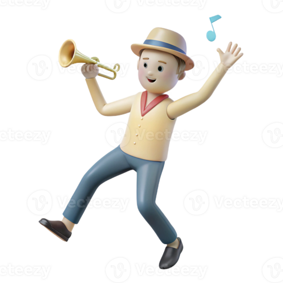 Happy 3D Cartoon Man Playing Trumpet png