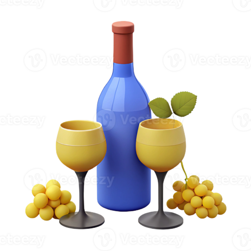 Wine Bottle and Two Glasses with Grapes png