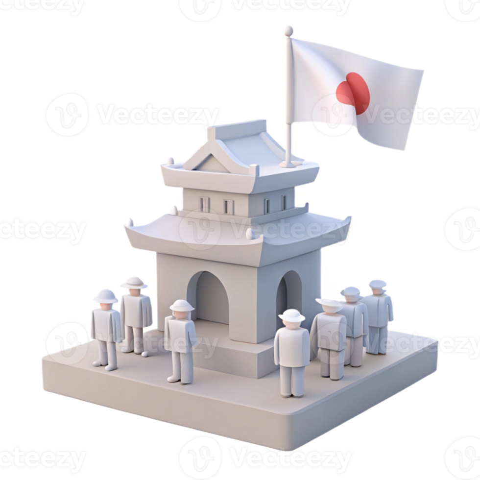 3D Render of Traditional Asian Building with Flag and Figures png