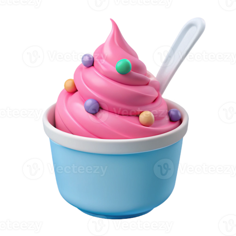Pink Frozen Yogurt with Colorful Toppings and a Spoon png