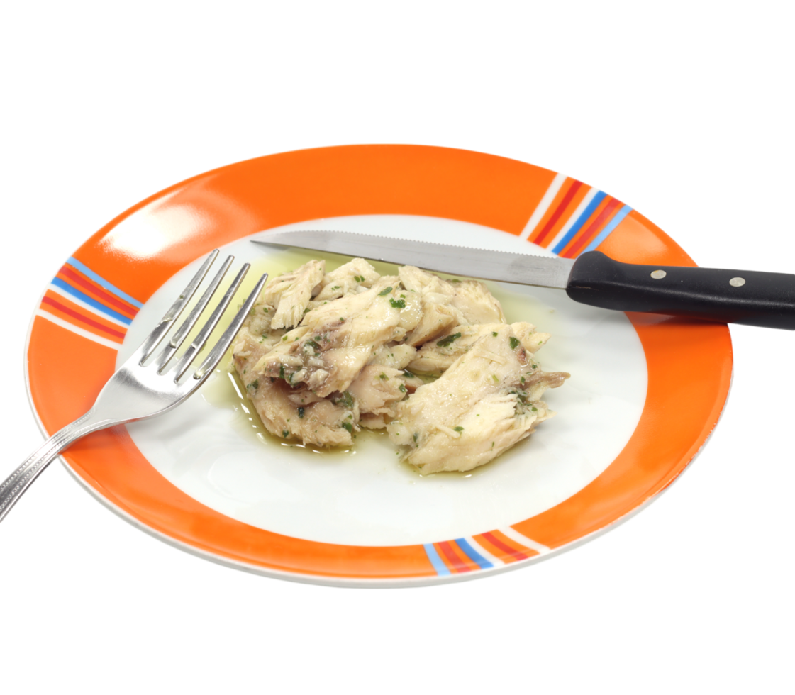 Luccio in salsa Delicious cooked chicken on a vibrant orange plate png