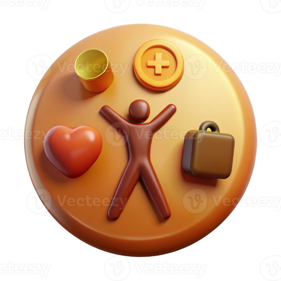 3D Render of a Person with Happiness, Health, Love, and Travel Icons png