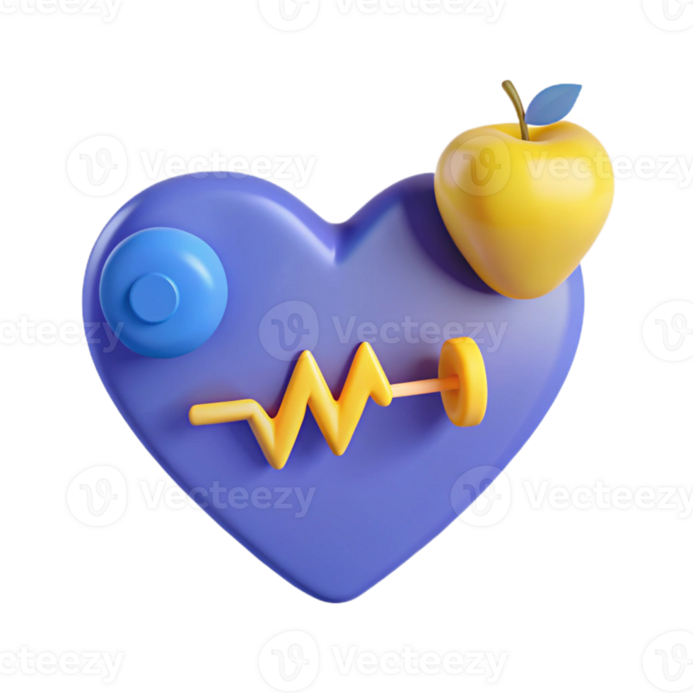 Healthy Heart 3D Illustration of Heart with Apple, Dumbbell, and Heartbeat png