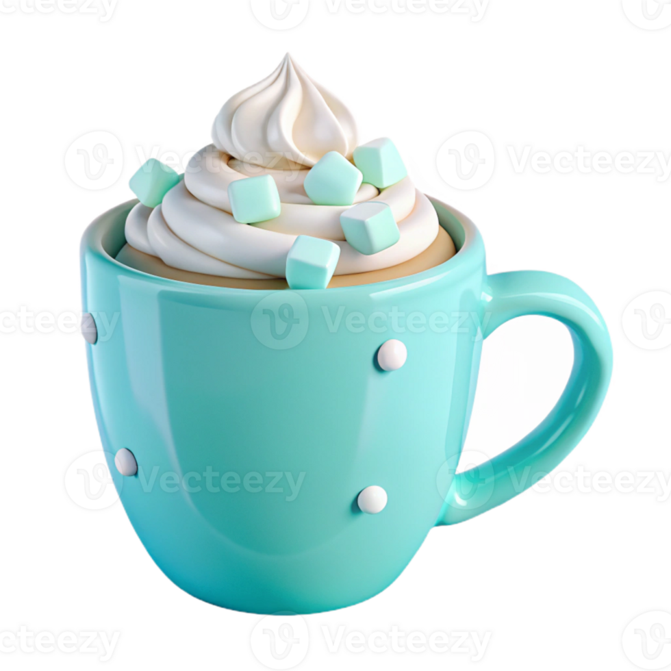 Whipped Cream and Marshmallow Topped Drink in a Blue Mug png