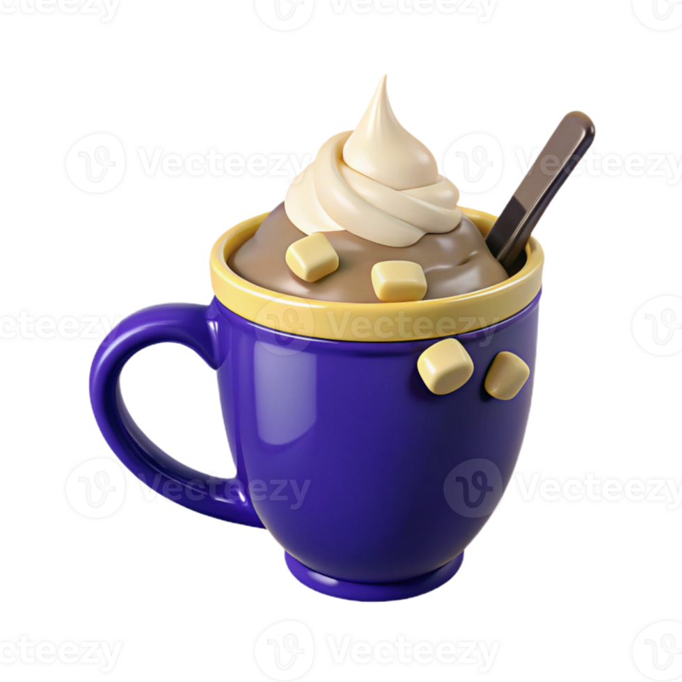 Whipped Cream and Marshmallow Topped Hot Chocolate in a Blue Mug png