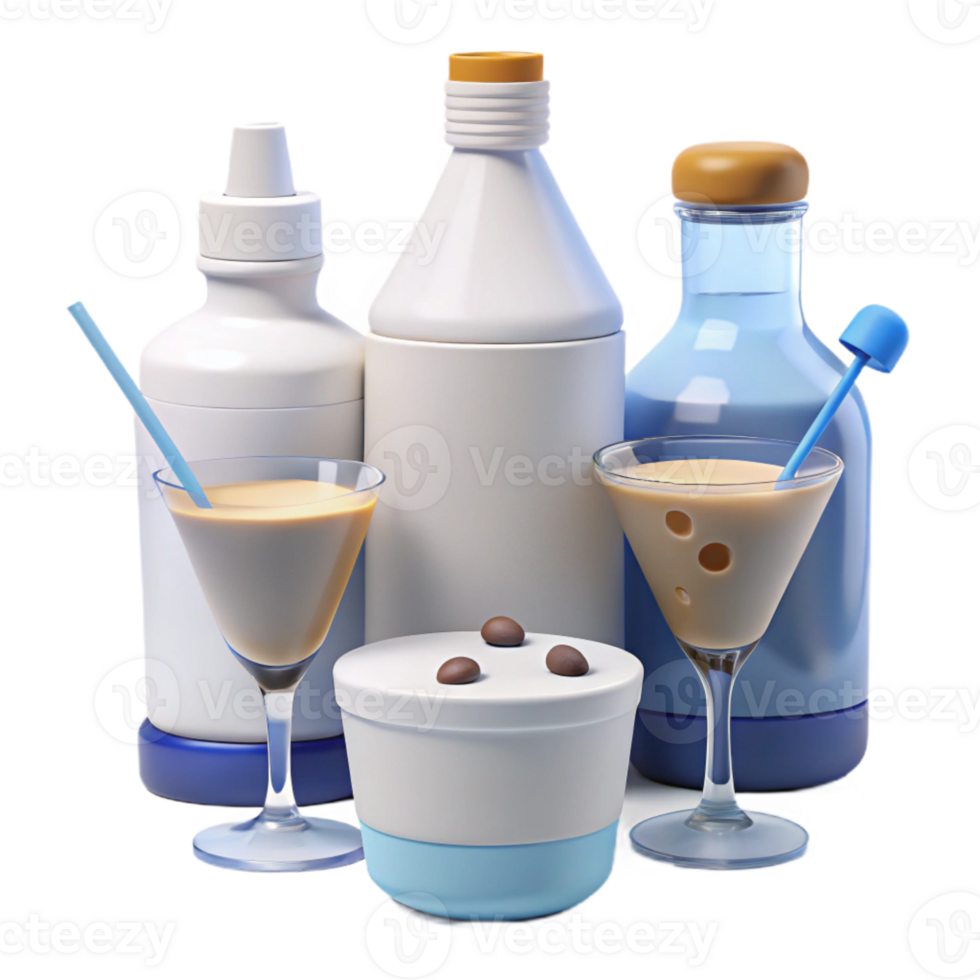Creamy Cocktail with Chocolate Garnish and Blue and White Bottles png