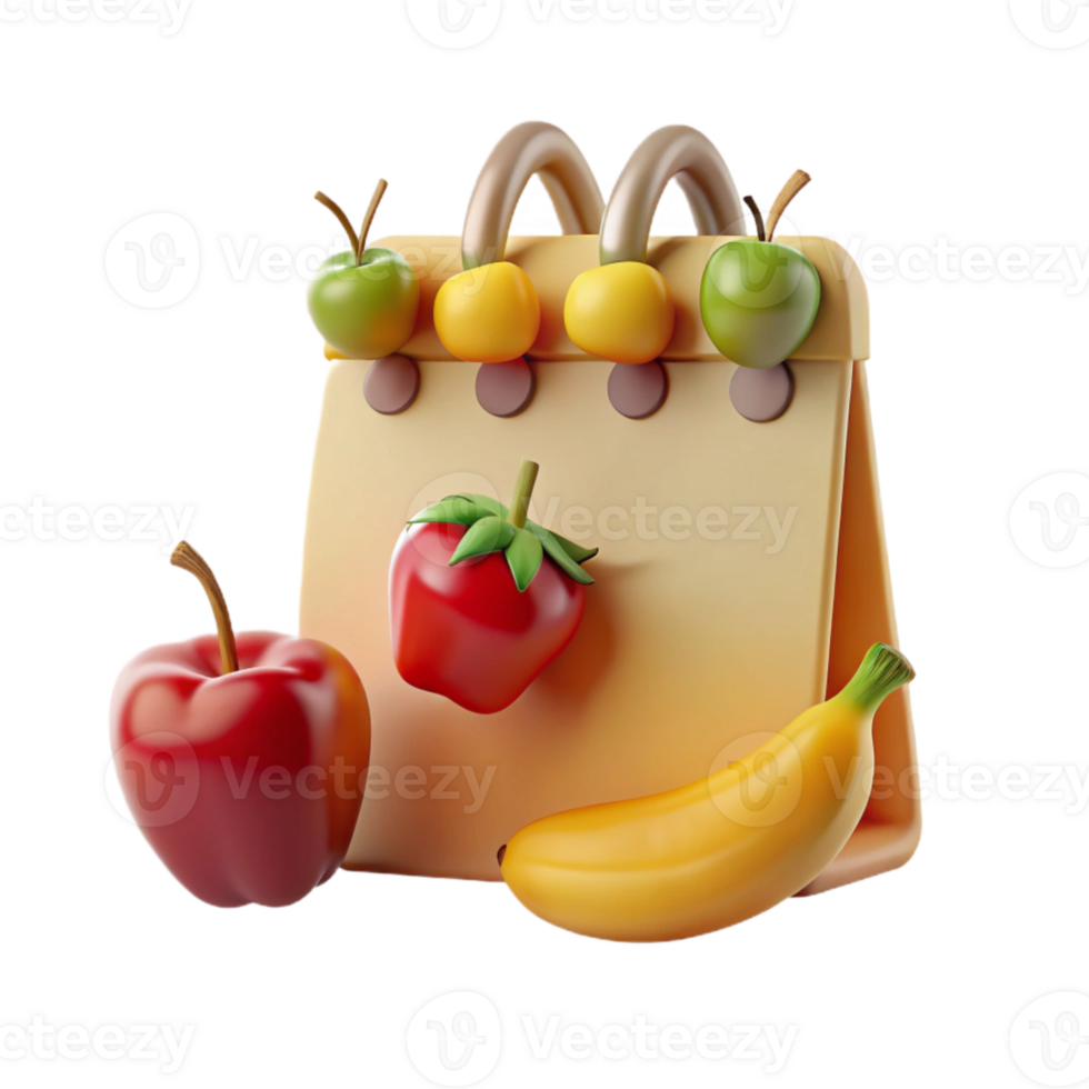 3D Render of Fruit Bag with Banana, Apples and Strawberry png