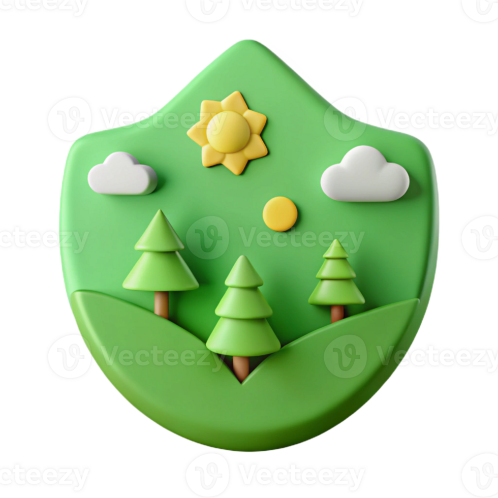 3D Render of Green Landscape with Sun, Clouds and Pine Trees png