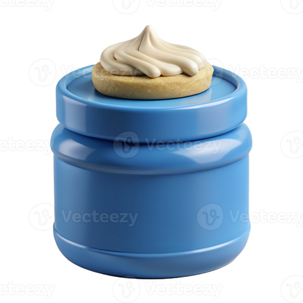 Blue Plastic Jar with Cream Topping on Cookie png