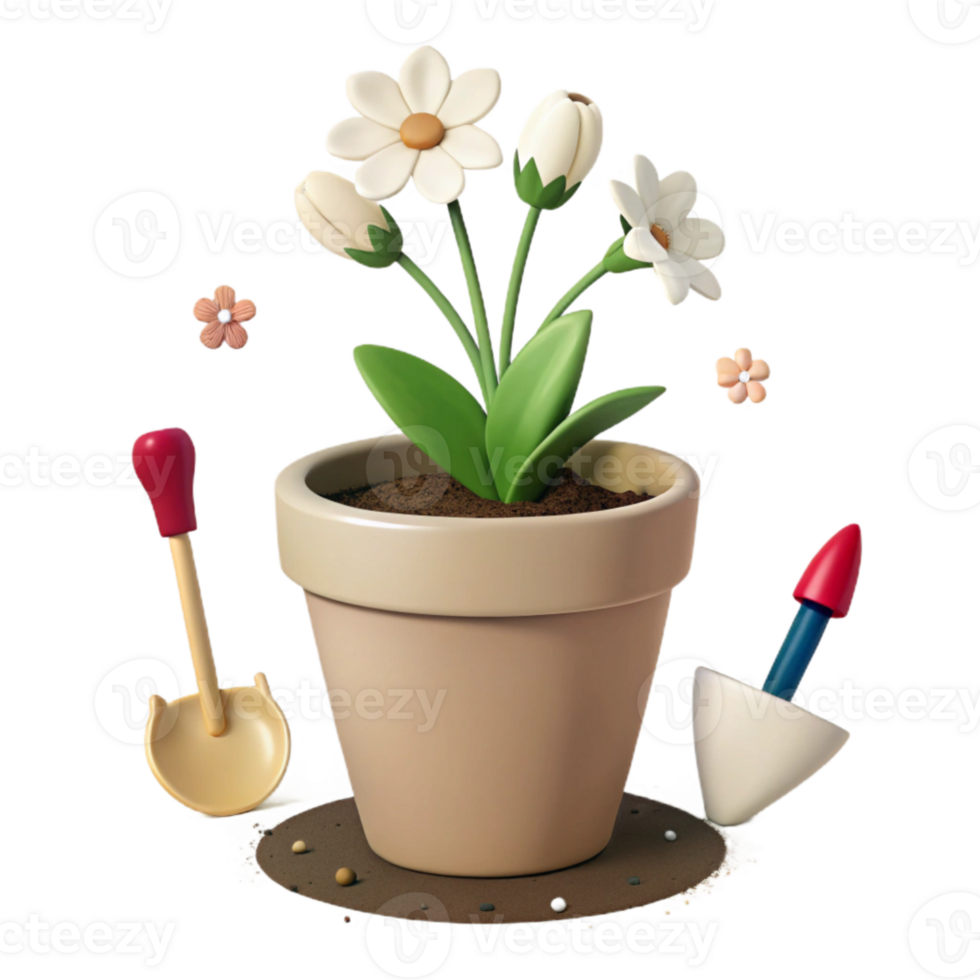 3D Render of a Potted Flower with Gardening Tools png