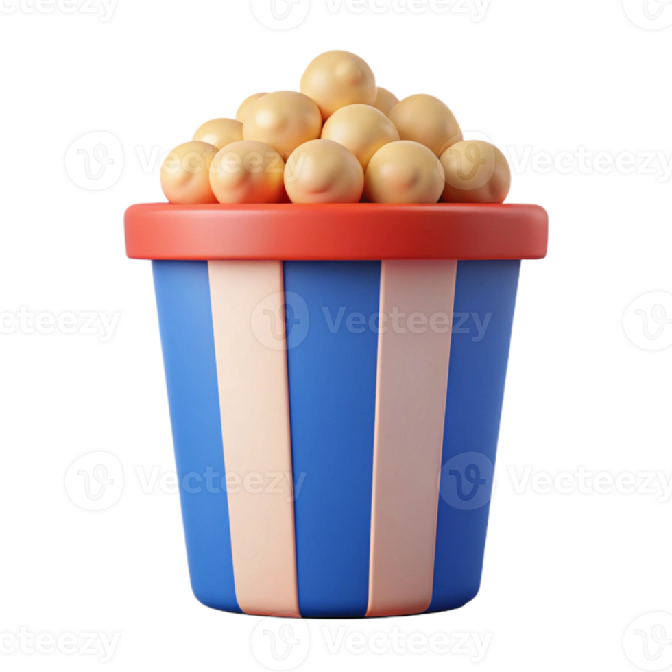 3D Render of Popcorn in a Striped Bucket png