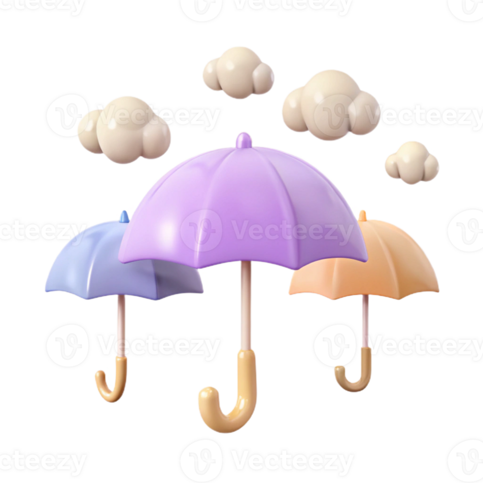 3D Render of Colorful Umbrellas and Clouds png