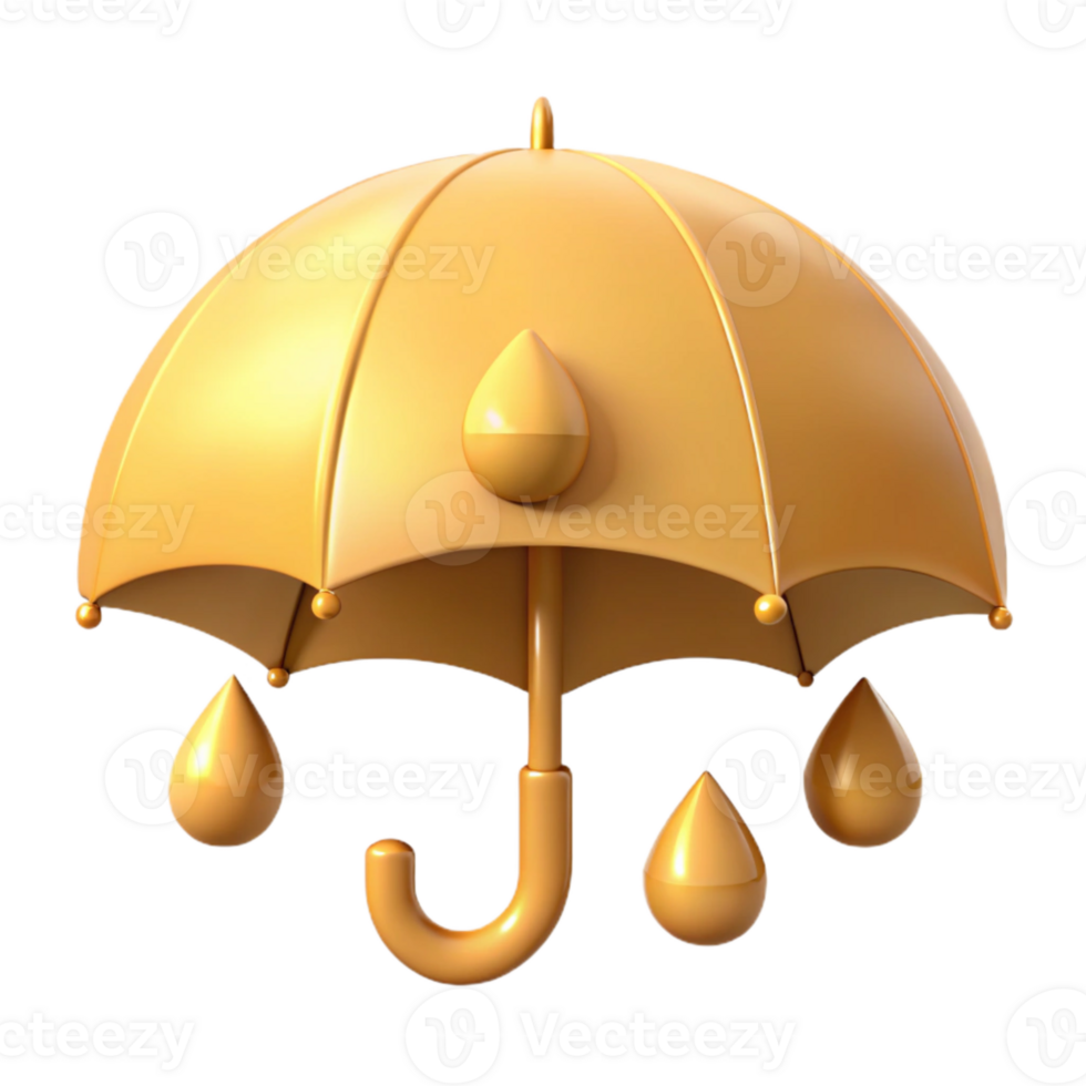 Golden Umbrella with Raindrops 3D Illustration png