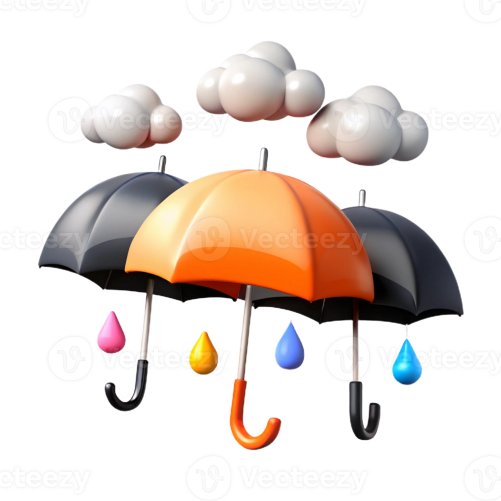 Colorful Umbrellas and Raindrops Under Cloudy Sky png