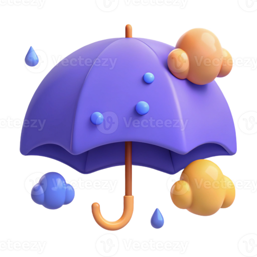 3D Rendered Umbrella with Rain and Clouds png
