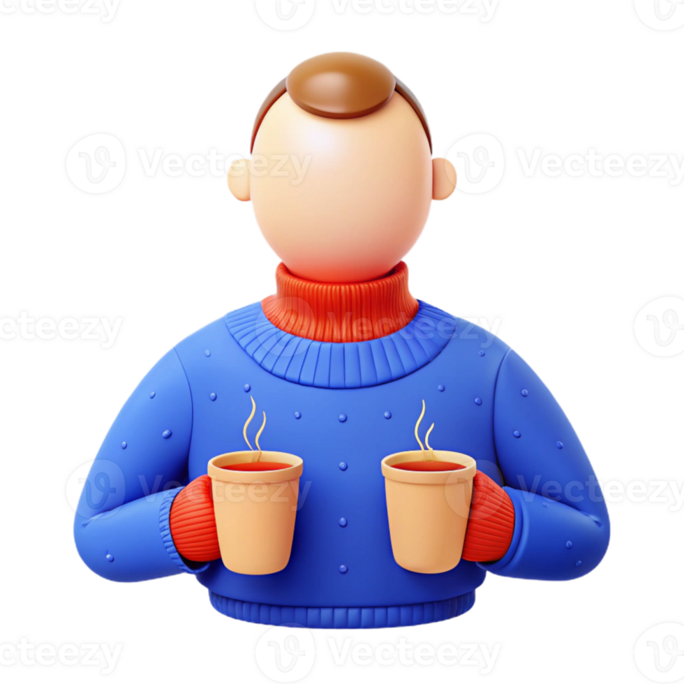 3D Cartoon Character Holding Two Cups of Hot Beverage png