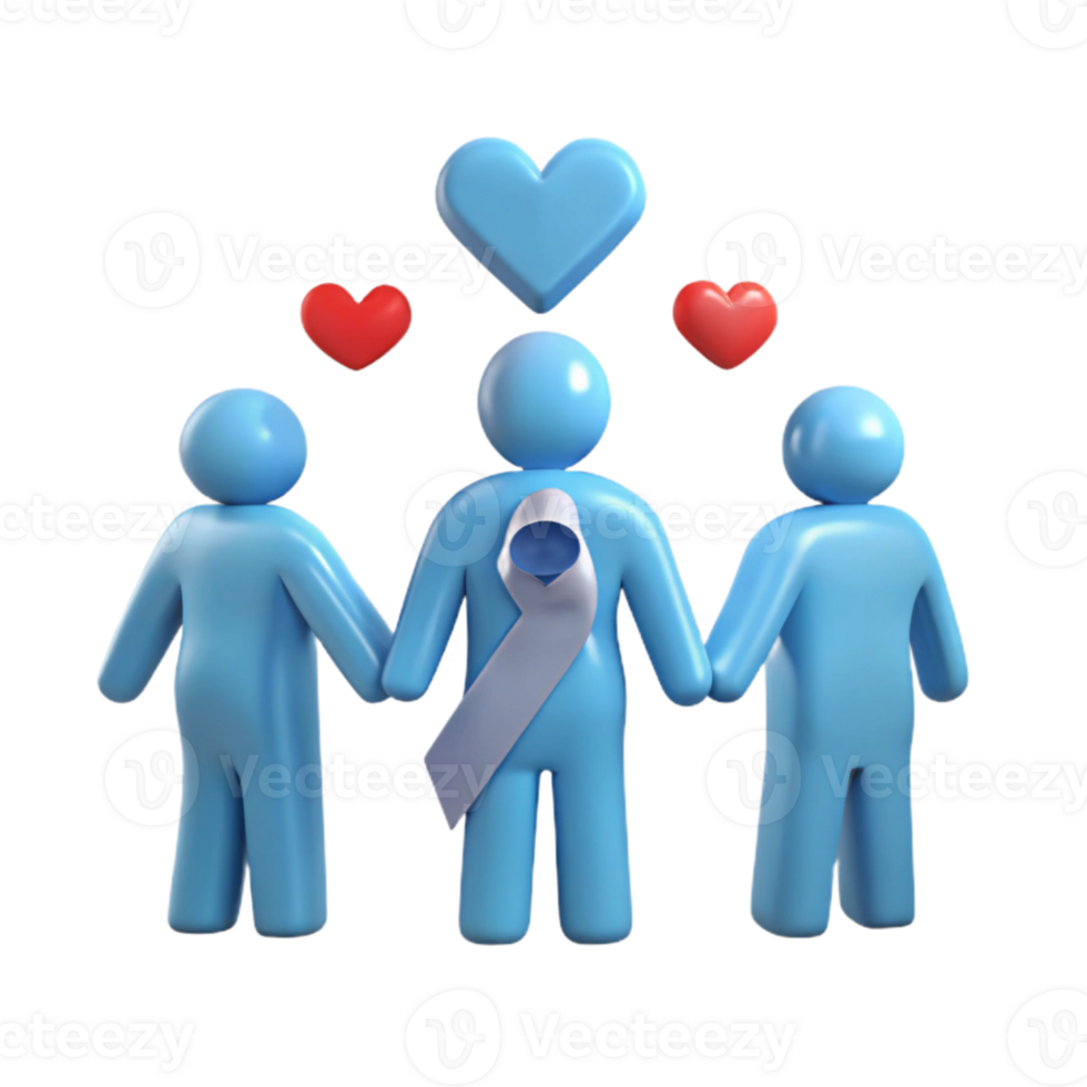Three Blue Figures Holding Hands with a Blue Ribbon and Hearts Above png