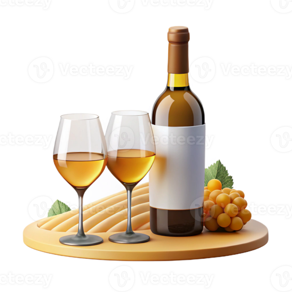 White Wine Bottle and Glasses on Wooden Tray with Grapes png