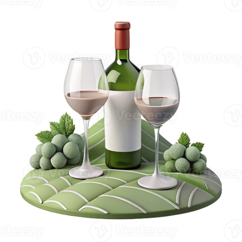 Two Glasses of Wine and a Bottle on a Green Plate png