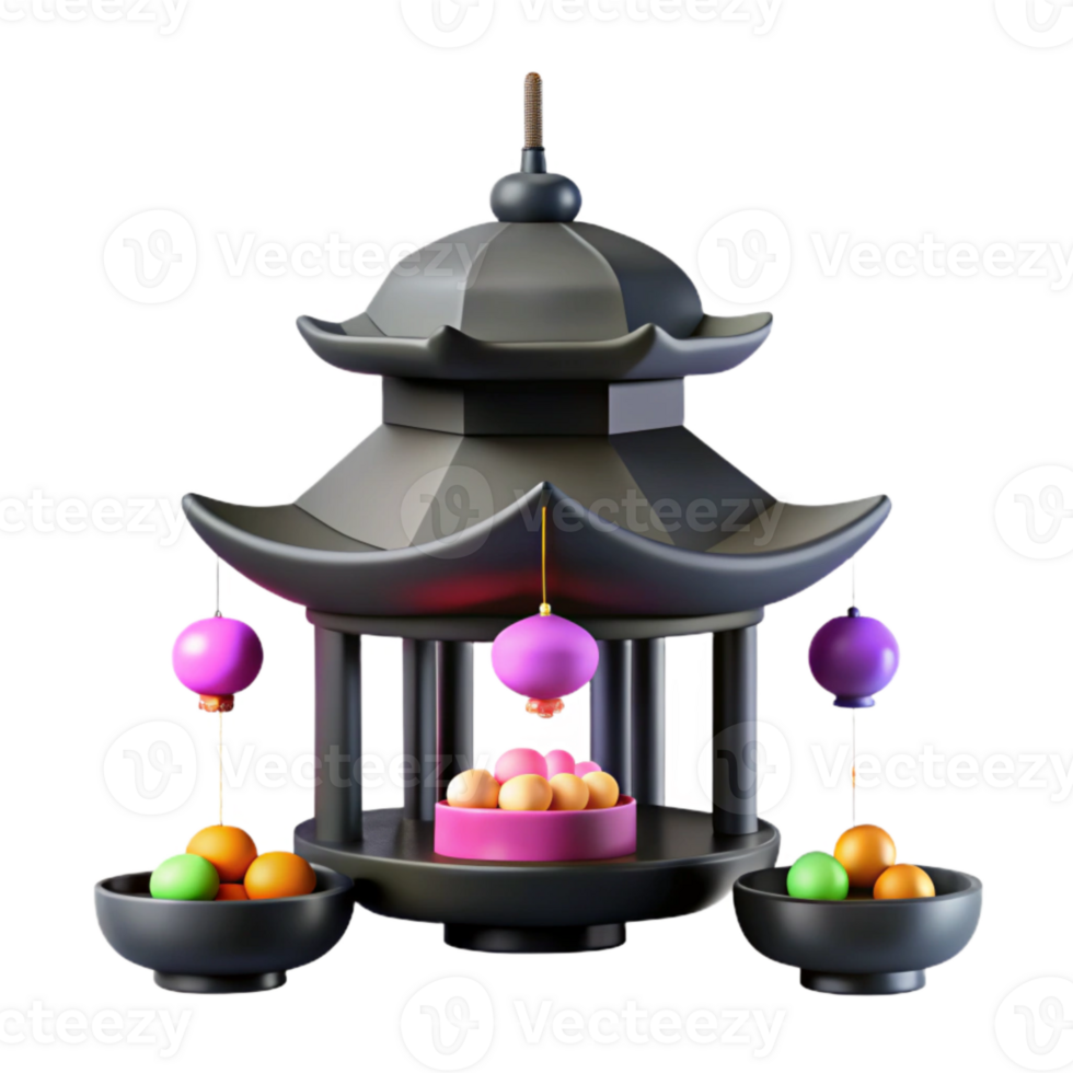 3D Render of a Pagoda with Lanterns and Bowls png