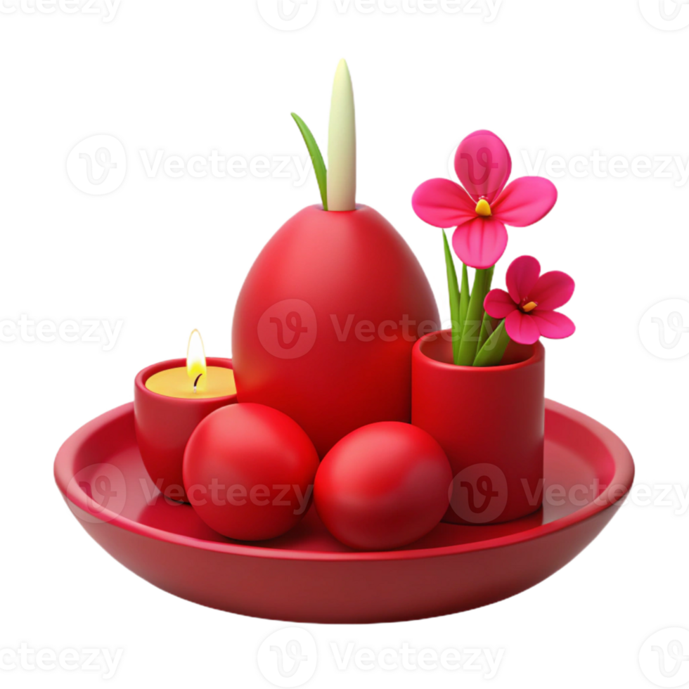 Red Easter Eggs with Candle and Flowers on Plate png
