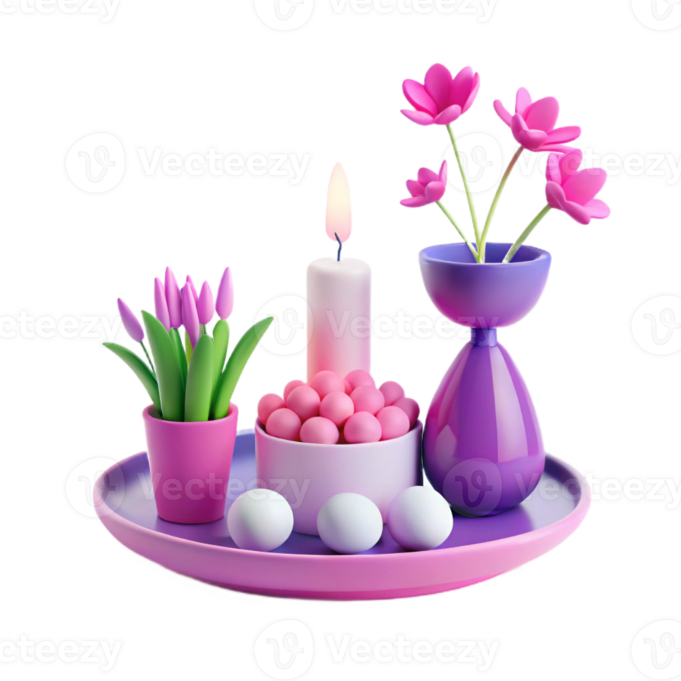 Springtime Tabletop Decor with Candle, Flowers, Eggs, and a Vase png