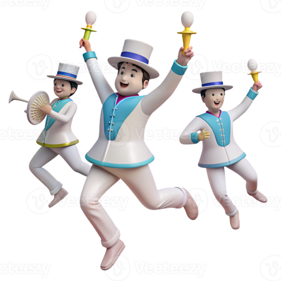 Three Cartoon Characters in White Suits and Hats Jumping with Joy png