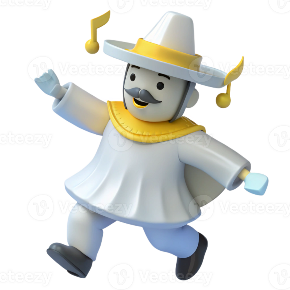 3D Illustration of a Cartoon Character in a White Outfit Dancing with a Musical Note Hat png
