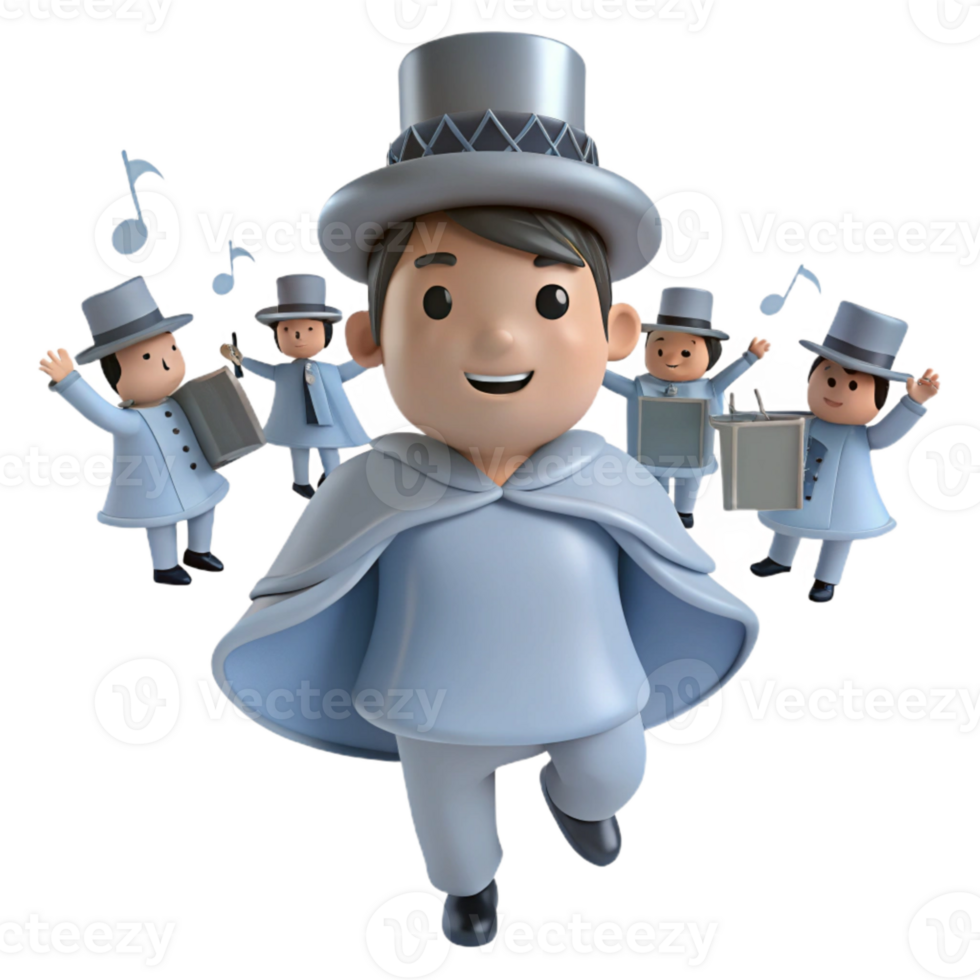 Smiling Cartoon Character in Blue Outfit Leading a Musical Parade png