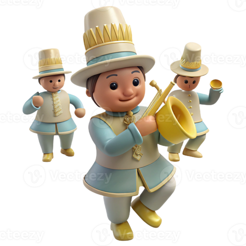 3D Cartoon Characters Playing Music in Blue and Gold Outfits png