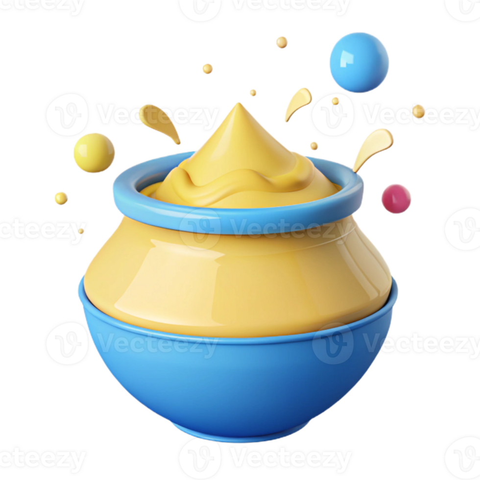 Colorful 3D Render of a Jar with Overflowing Yellow Substance and Floating Spheres png