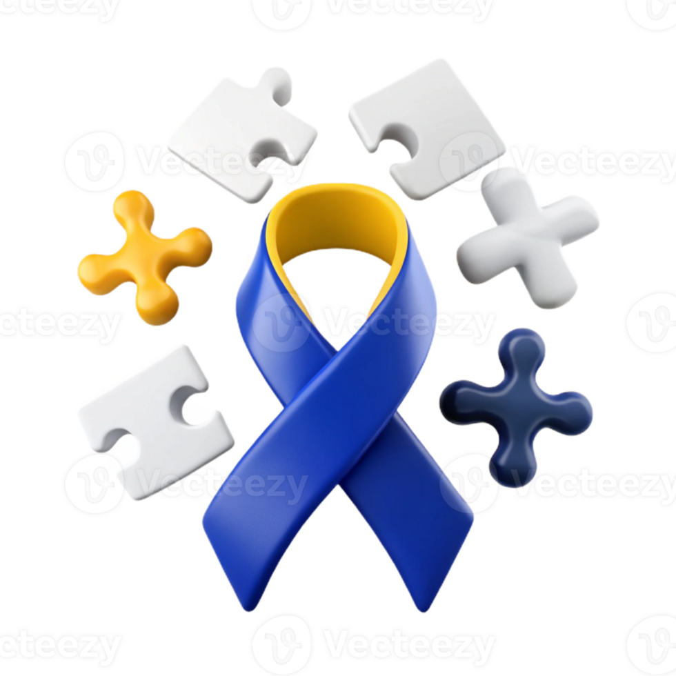 Blue and Yellow Ribbon with Puzzle Pieces png
