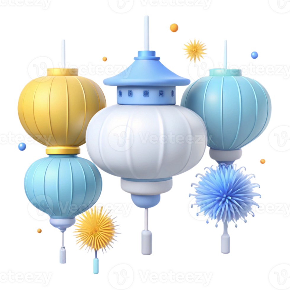 3D Rendered Asian Lanterns with Decorative Elements png