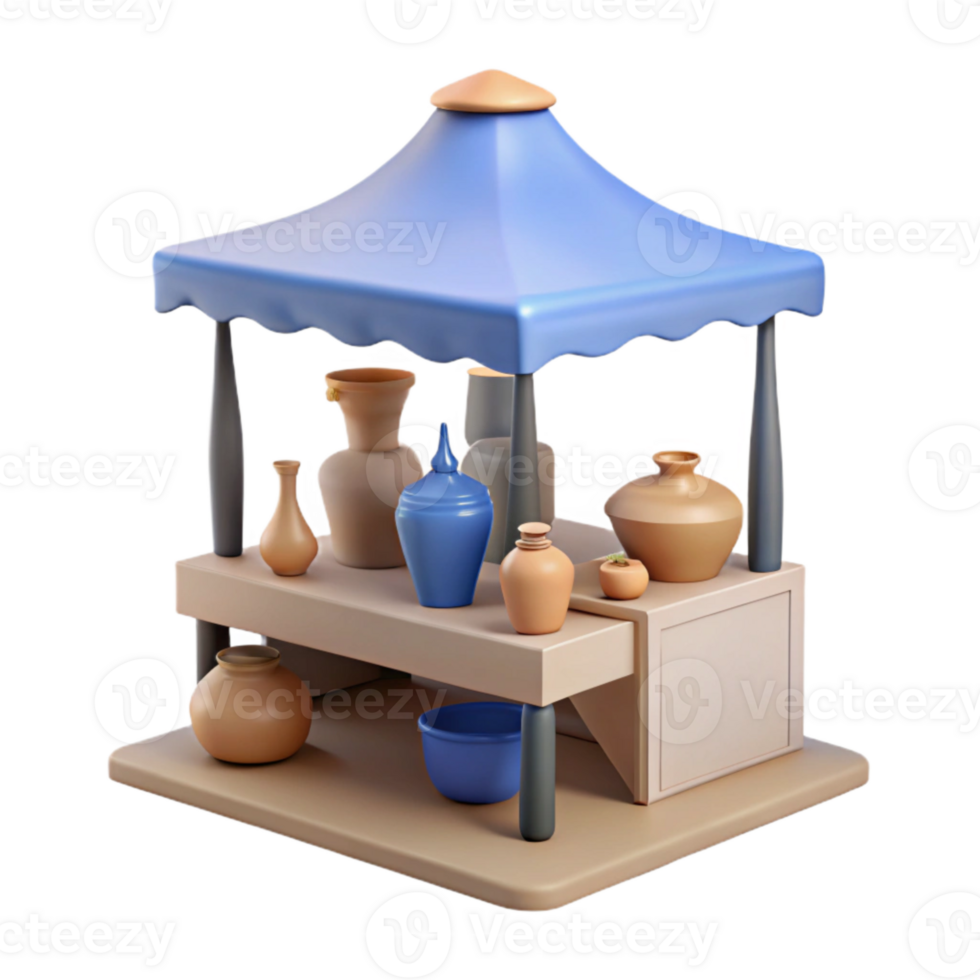 3D Render of a Market Stall with Assorted Pottery png