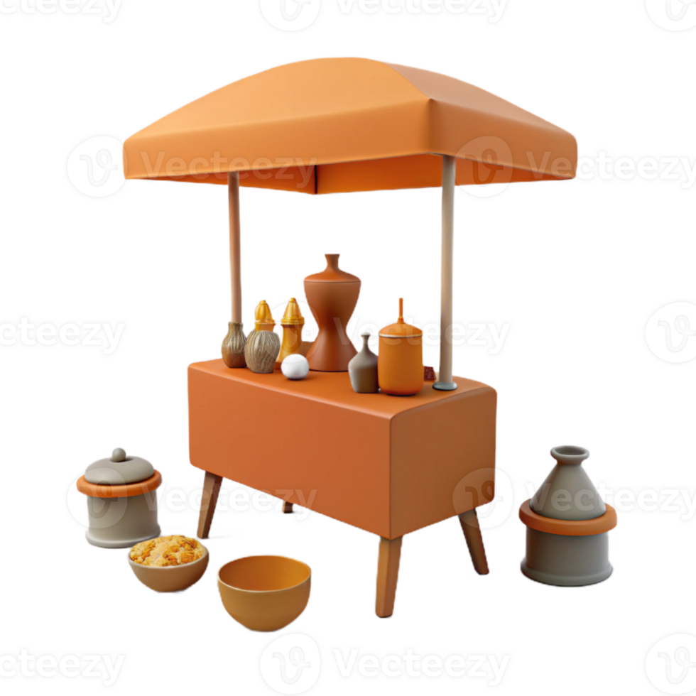 3D Render of a Street Food Stall with a Canopy and Various Items png