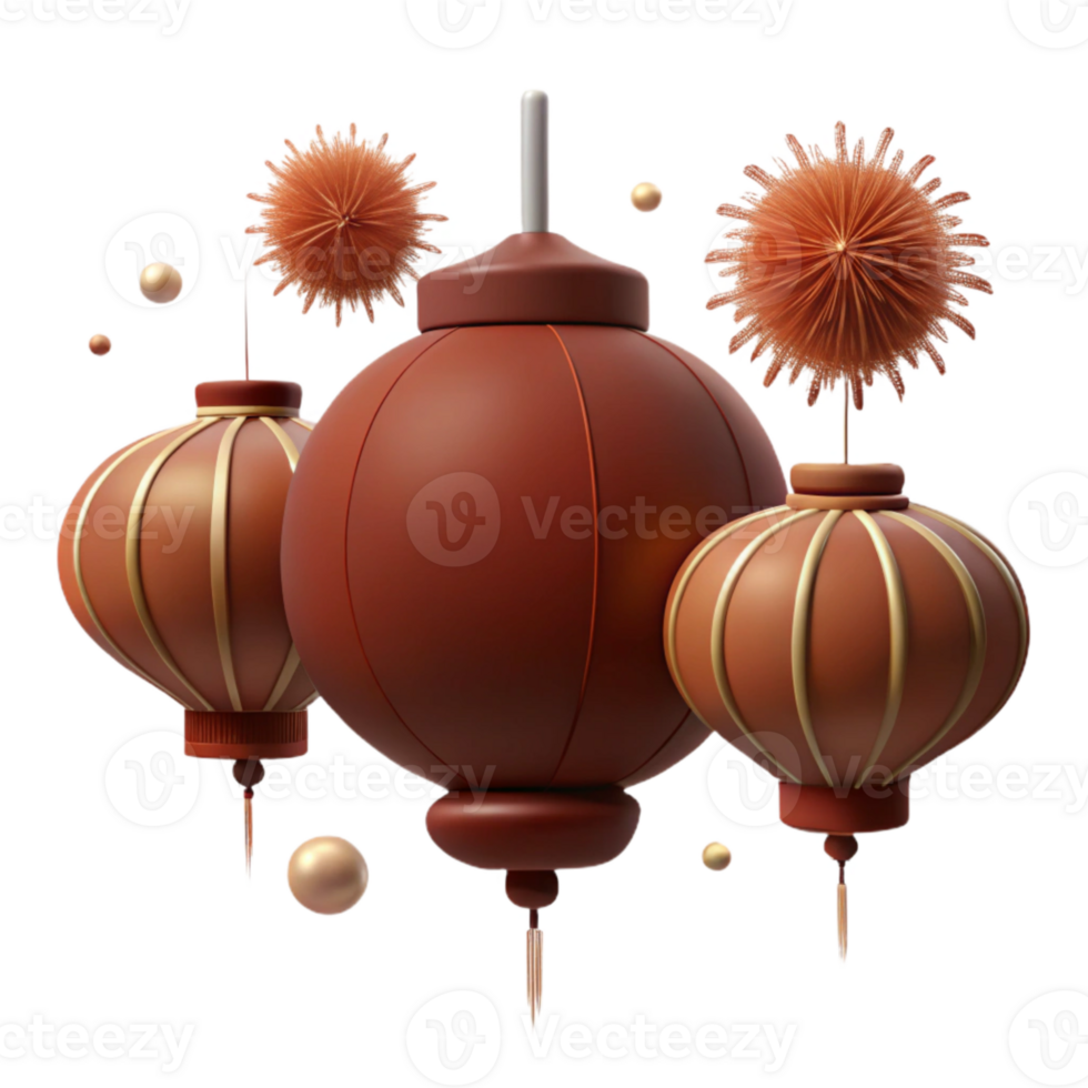 Red Lanterns and Fluffy Ornaments Festive 3D Illustration png