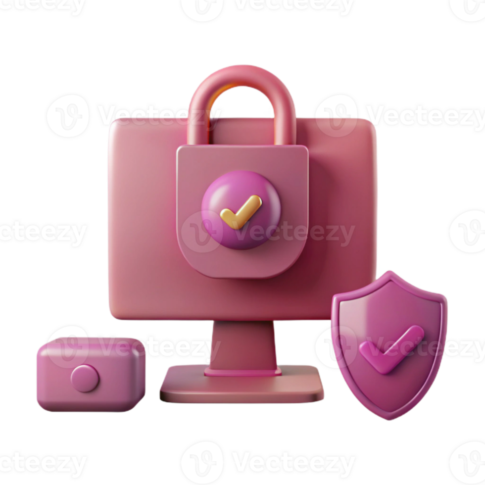 Secure and Protected 3D Illustration of a Computer with a Lock and Shield png