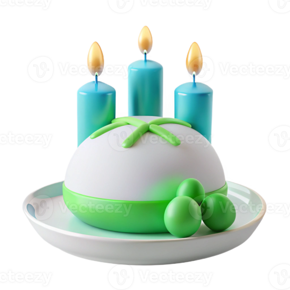 3D Rendered Festive Cake with Candles and Green Decorations png
