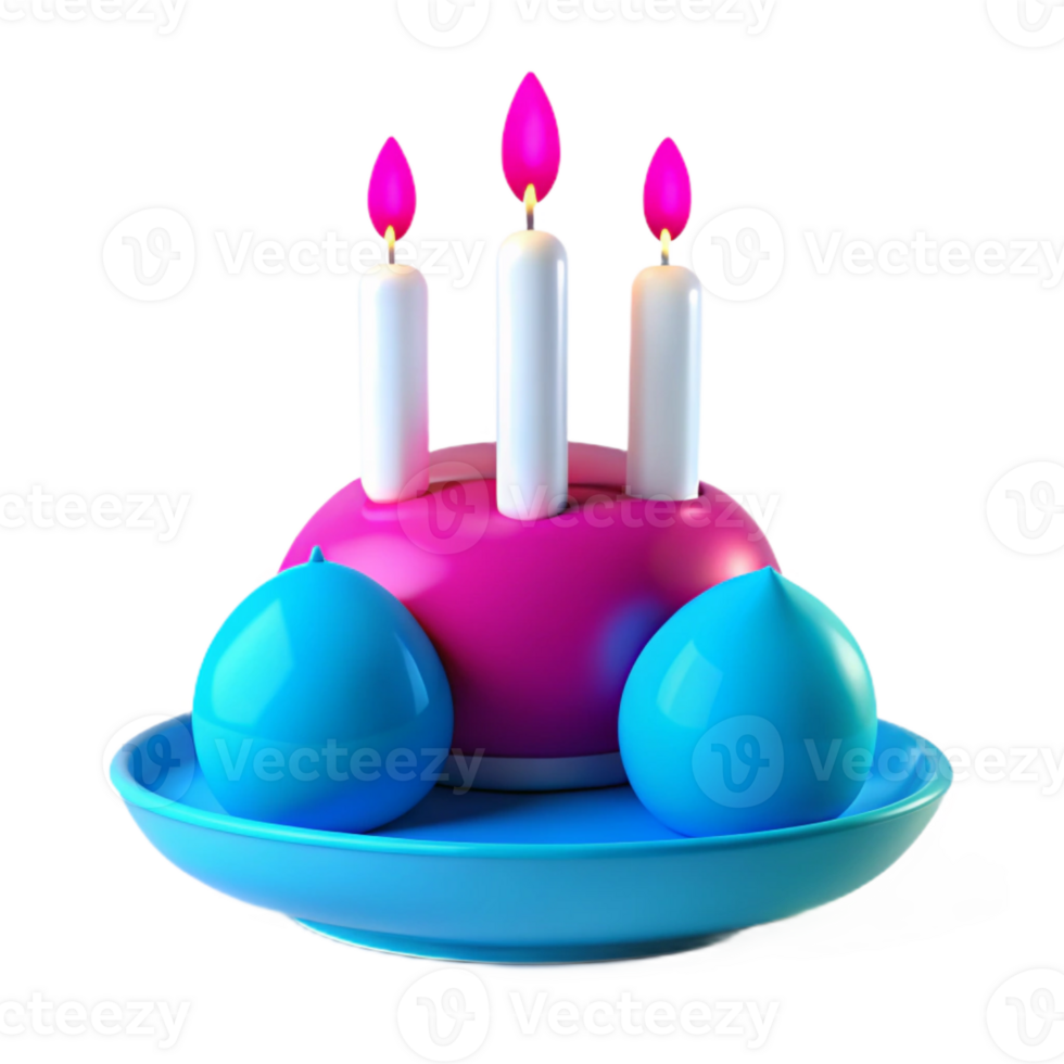 Three Candles on a Pink Cake with Blue Decorations png