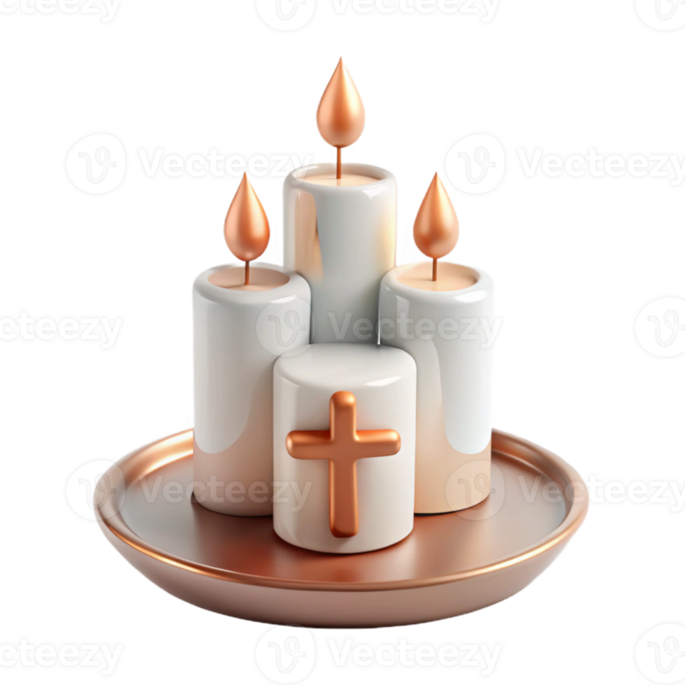 Three White Candles with a Gold Cross on a Copper Plate png