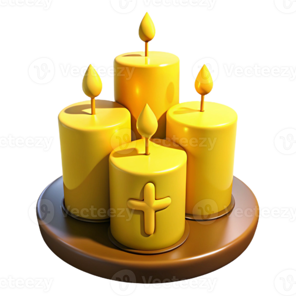 Four Yellow Candles with a Cross on a Brown Base png