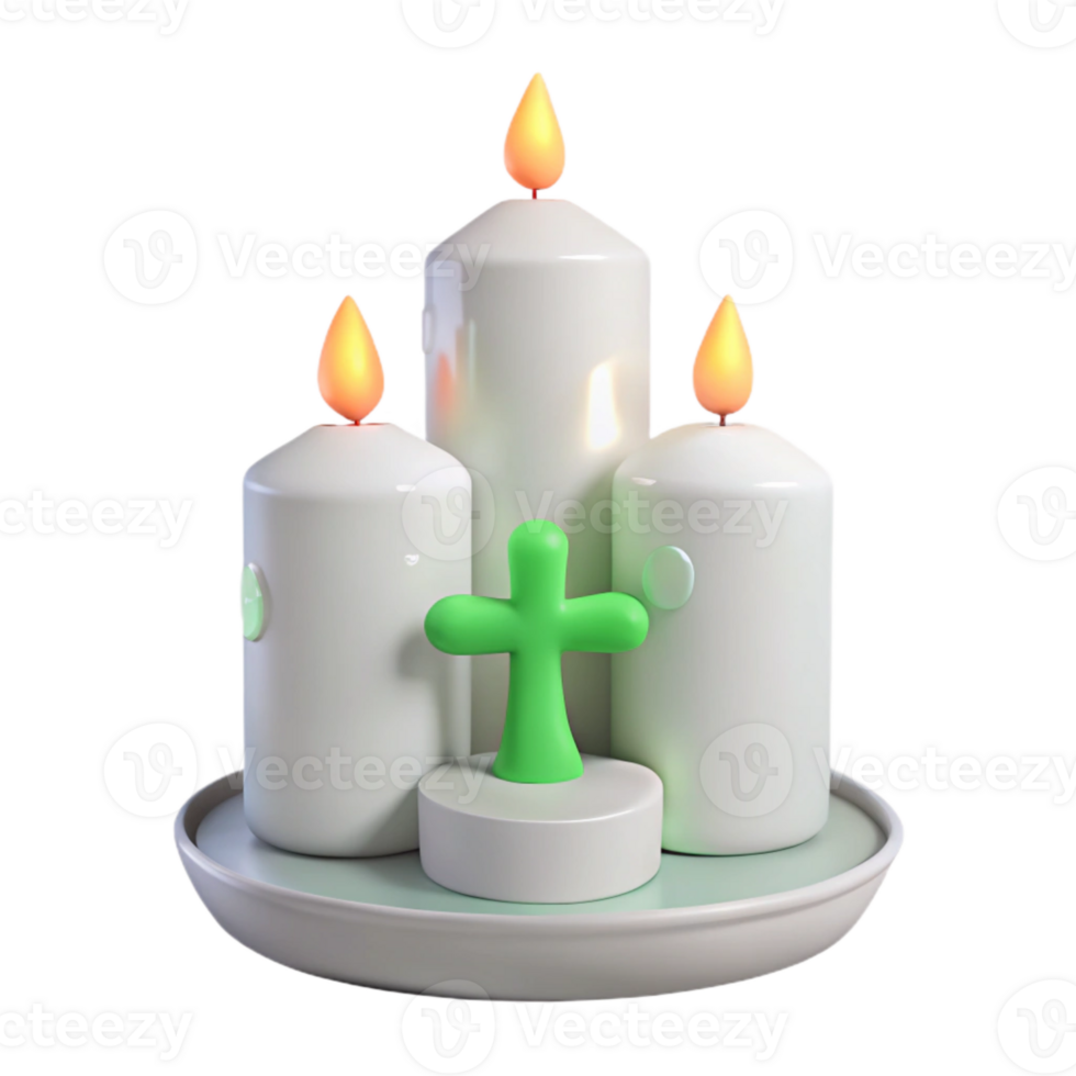 Three Candles with Green Cross on a Plate png