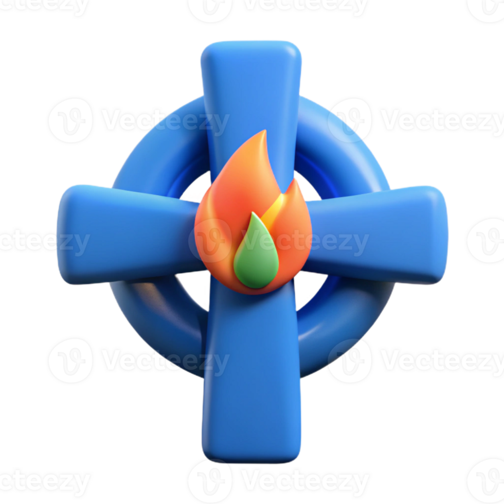 3D Render of a Blue Cross with a Flame in the Center png