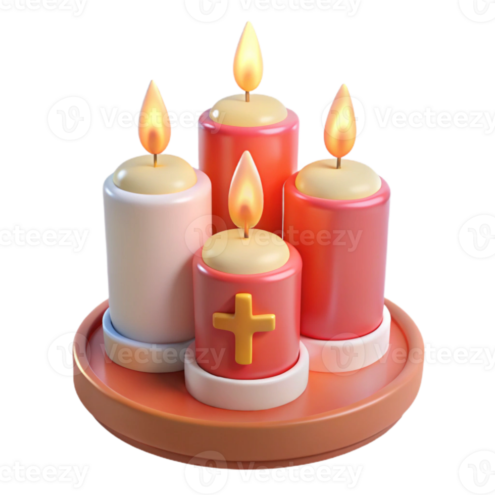 Four Burning Candles on a Tray with a Gold Cross png