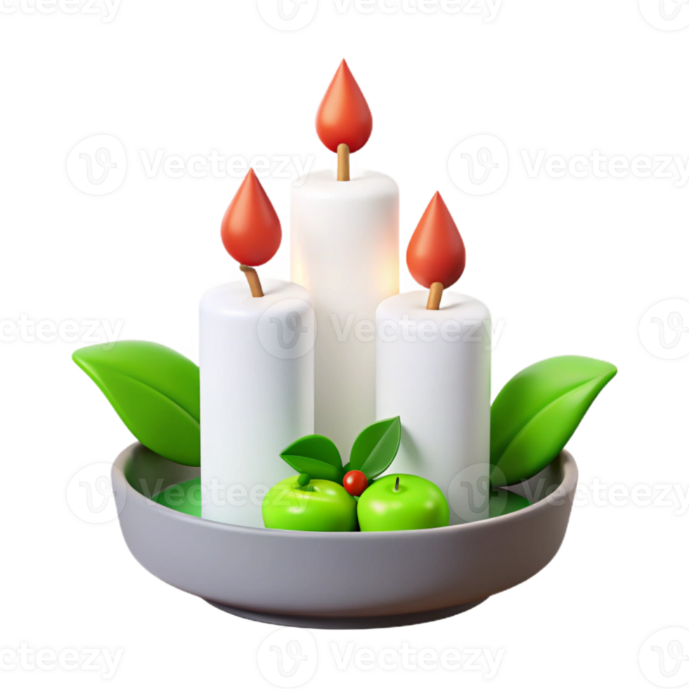 Three Candles with Green Leaves and Apples in a Bowl png