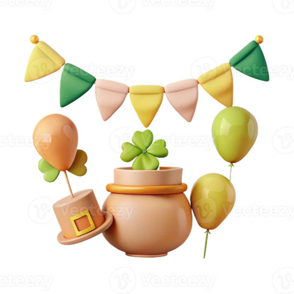 3D Render of a Pot of Gold with a Four-Leaf Clover and Balloons png