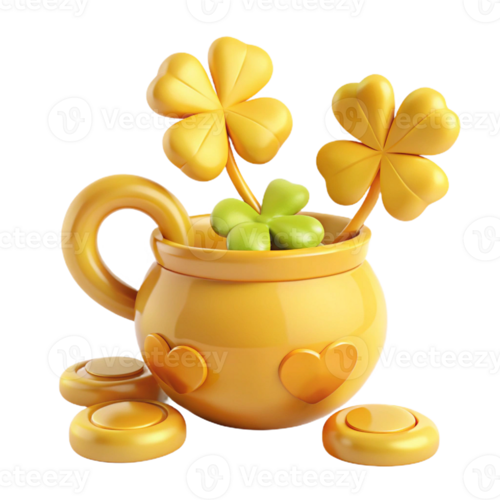 Golden Pot with Four-Leaf Clovers and Coins png