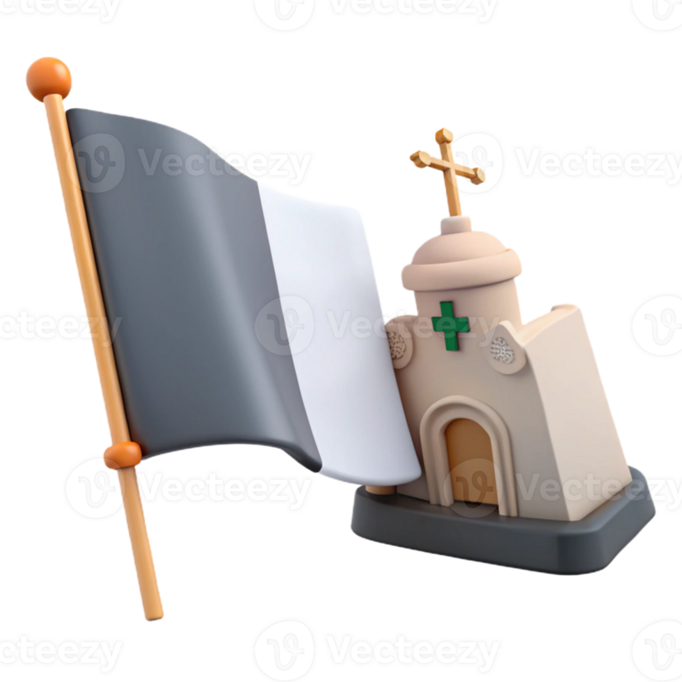 3D Illustration of a Church with a Flag Waving in the Wind png