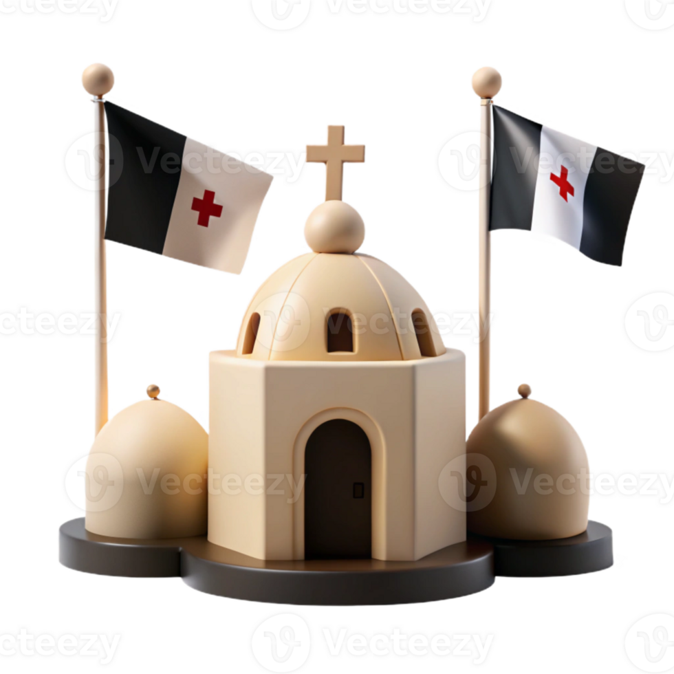 3D Render of a Small Church with a Cross and Flags png
